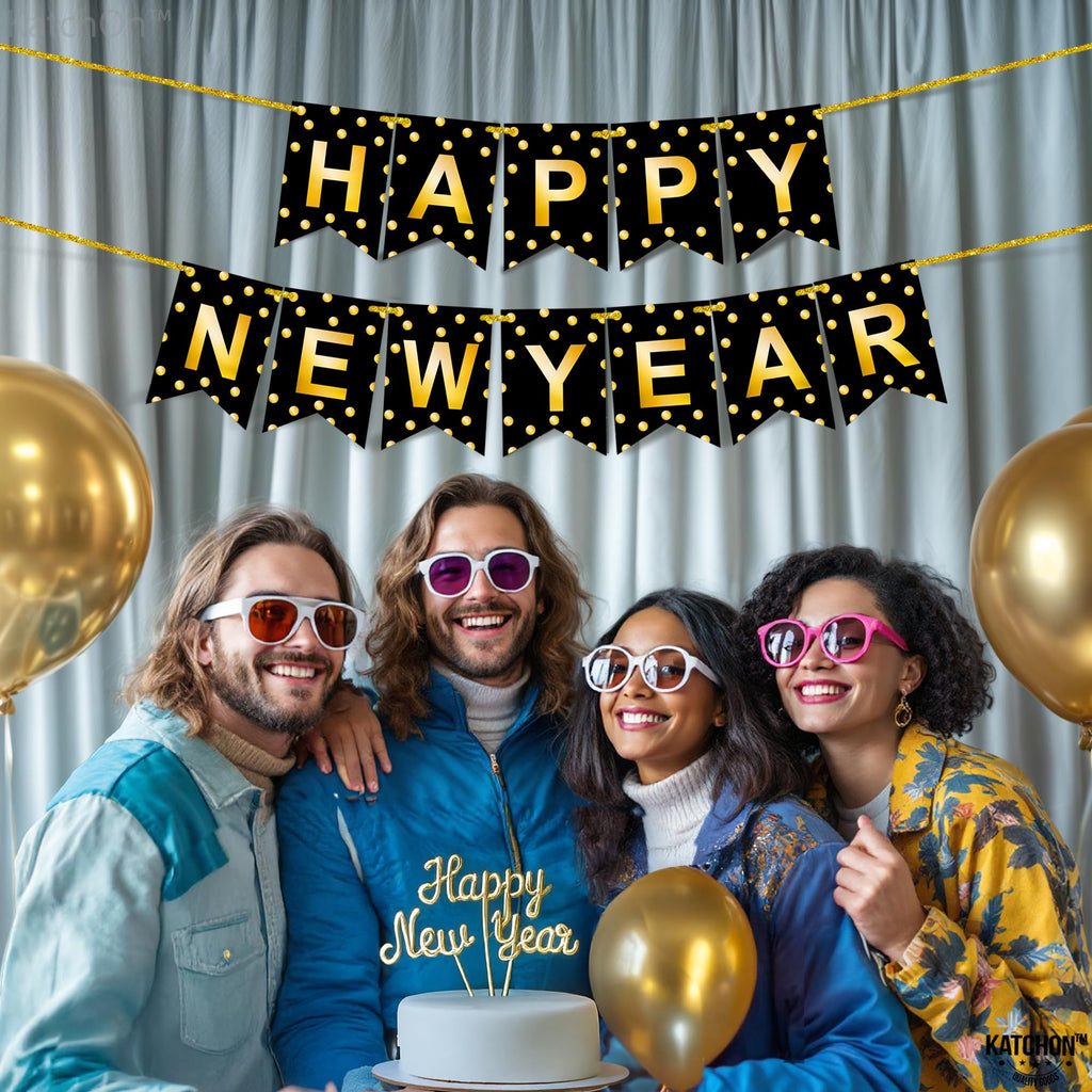 KatchOn Large Happy New Year Banner 2026 – 10ft Pre-Strung Polka Gold Foil Banner for NYE Decorations