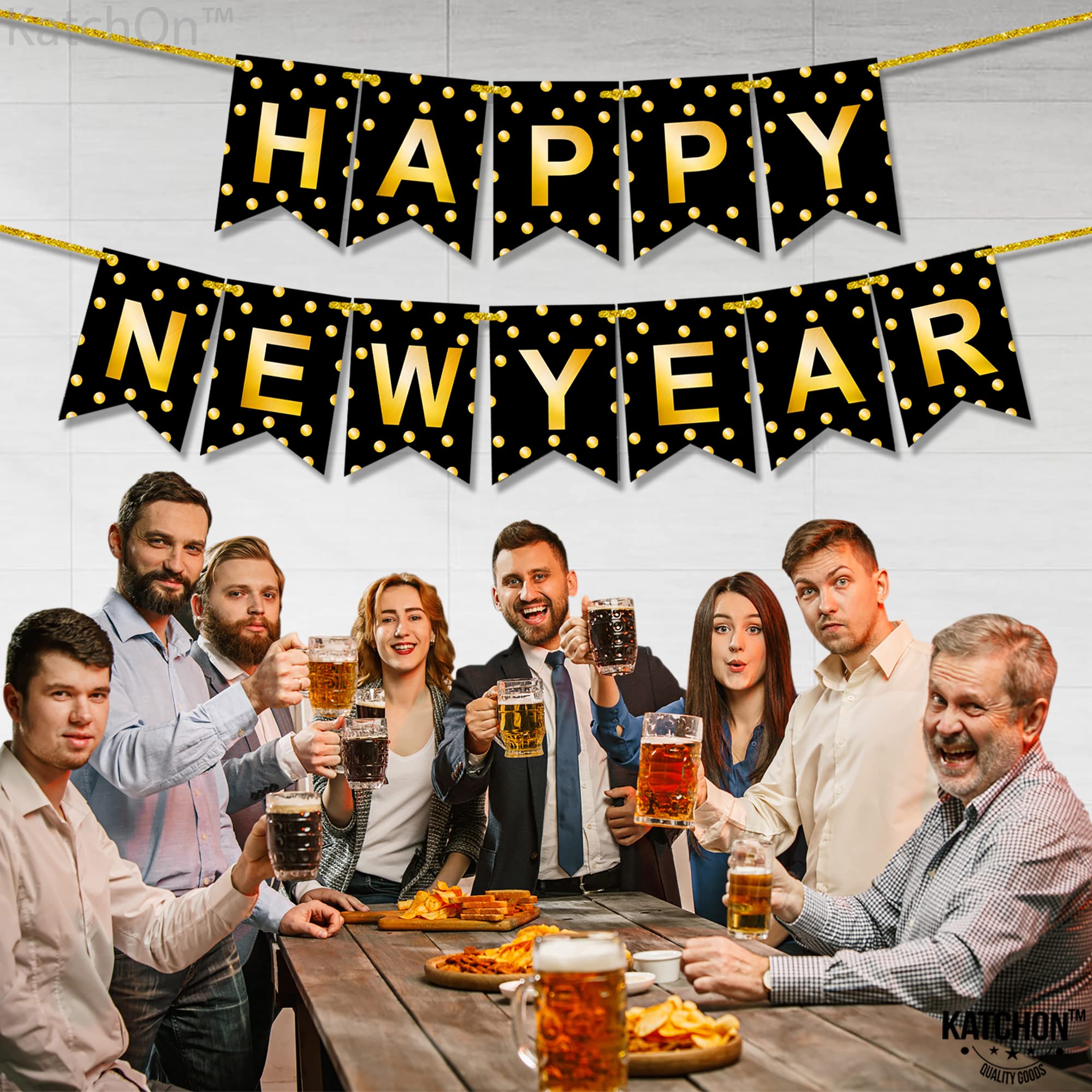 KatchOn Large Happy New Year Banner 2026 – 10ft Pre-Strung Polka Gold Foil Banner for NYE Decorations
