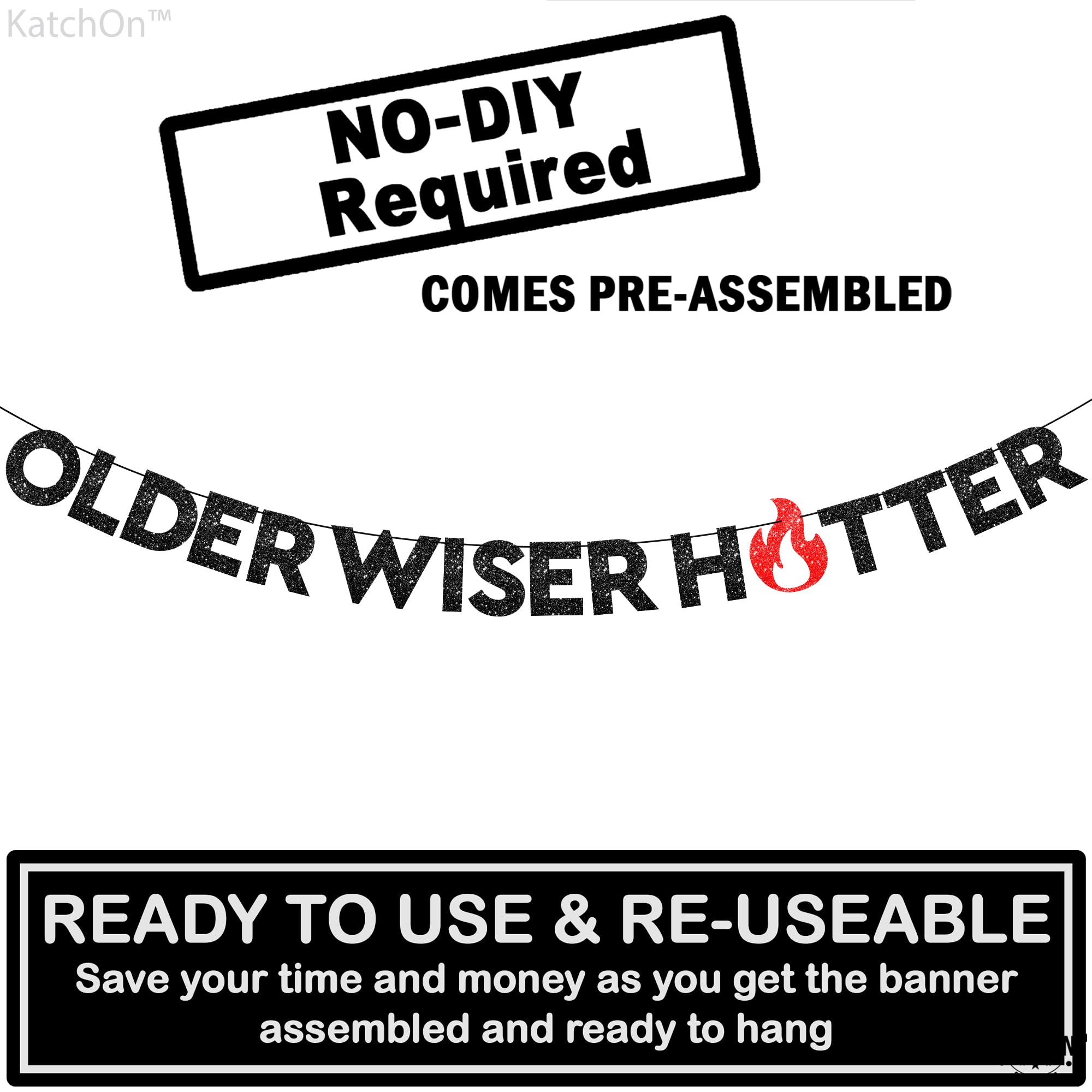 KatchOn Older Wiser Hotter Glitter Banner – 10 ft Pre-Strung Birthday Decor for Adults