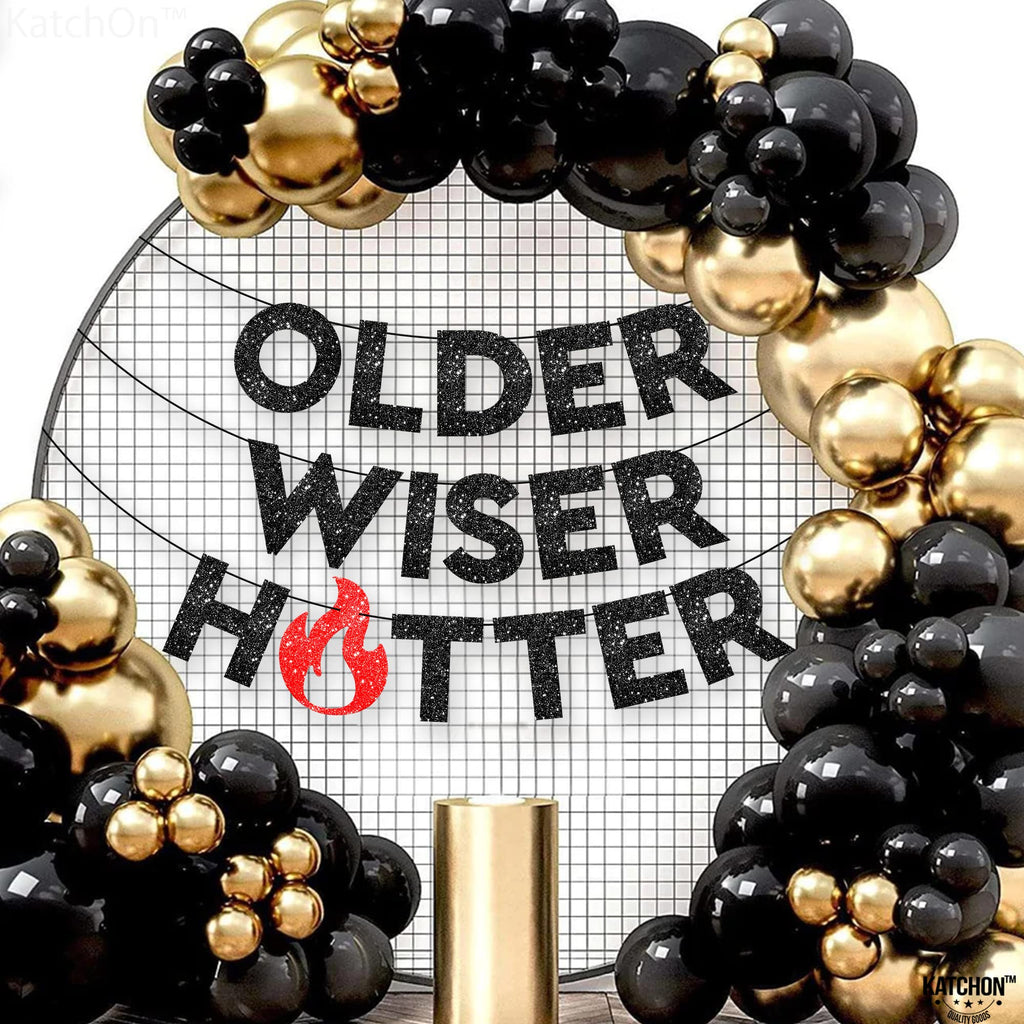 KatchOn Older Wiser Hotter Glitter Banner – 10 ft Pre-Strung Birthday Decor for Adults