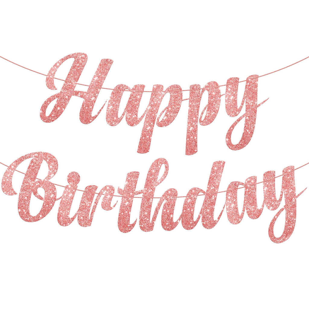 KatchOn Pre-Strung Rose Gold Glitter Happy Birthday Banner - 10 Ft, No DIY, Reusable
