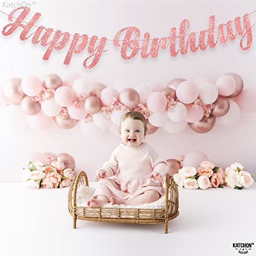 KatchOn Pre-Strung Rose Gold Glitter Happy Birthday Banner - 10 Ft, No DIY, Reusable