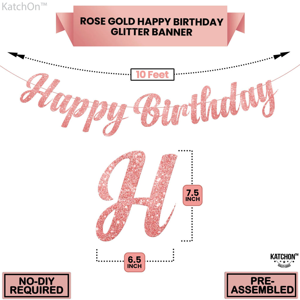 KatchOn Pre-Strung Rose Gold Glitter Happy Birthday Banner - 10 Ft, No DIY, Reusable
