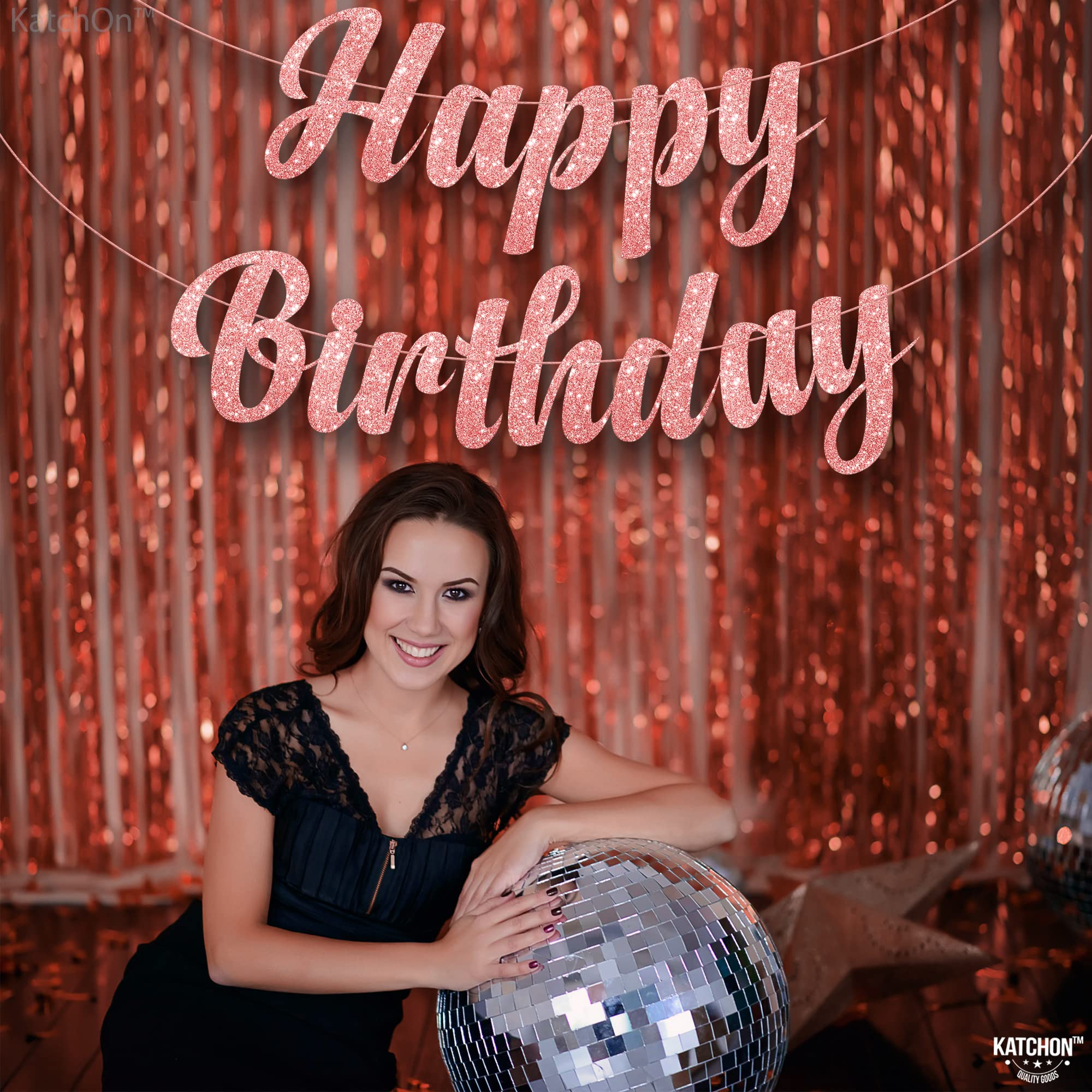 KatchOn Pre-Strung Rose Gold Glitter Happy Birthday Banner - 10 Ft, No DIY, Reusable