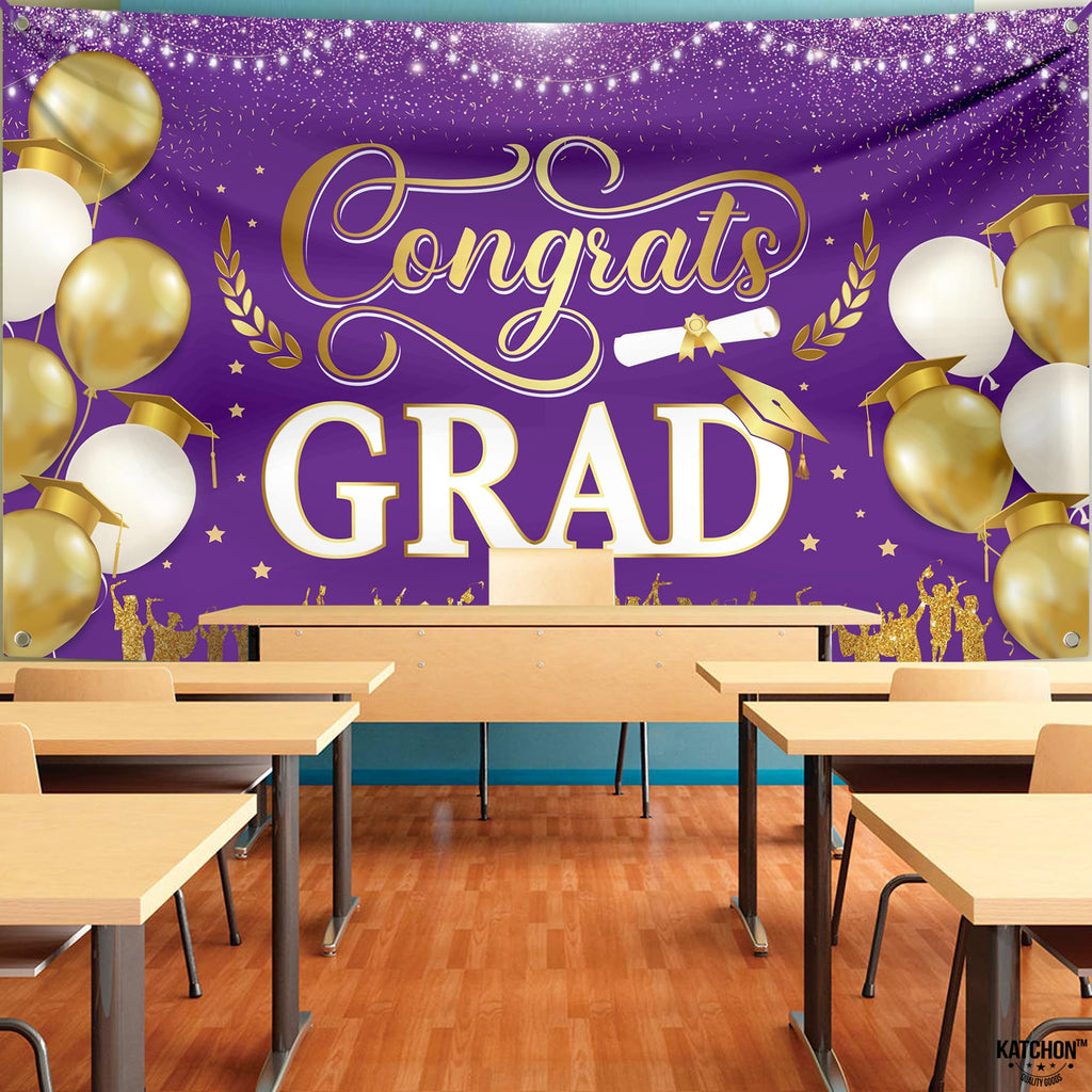 KatchOn Purple and Gold Congrats Grad Banner 72x44 Inch - Class of 2026 Graduation Decorations