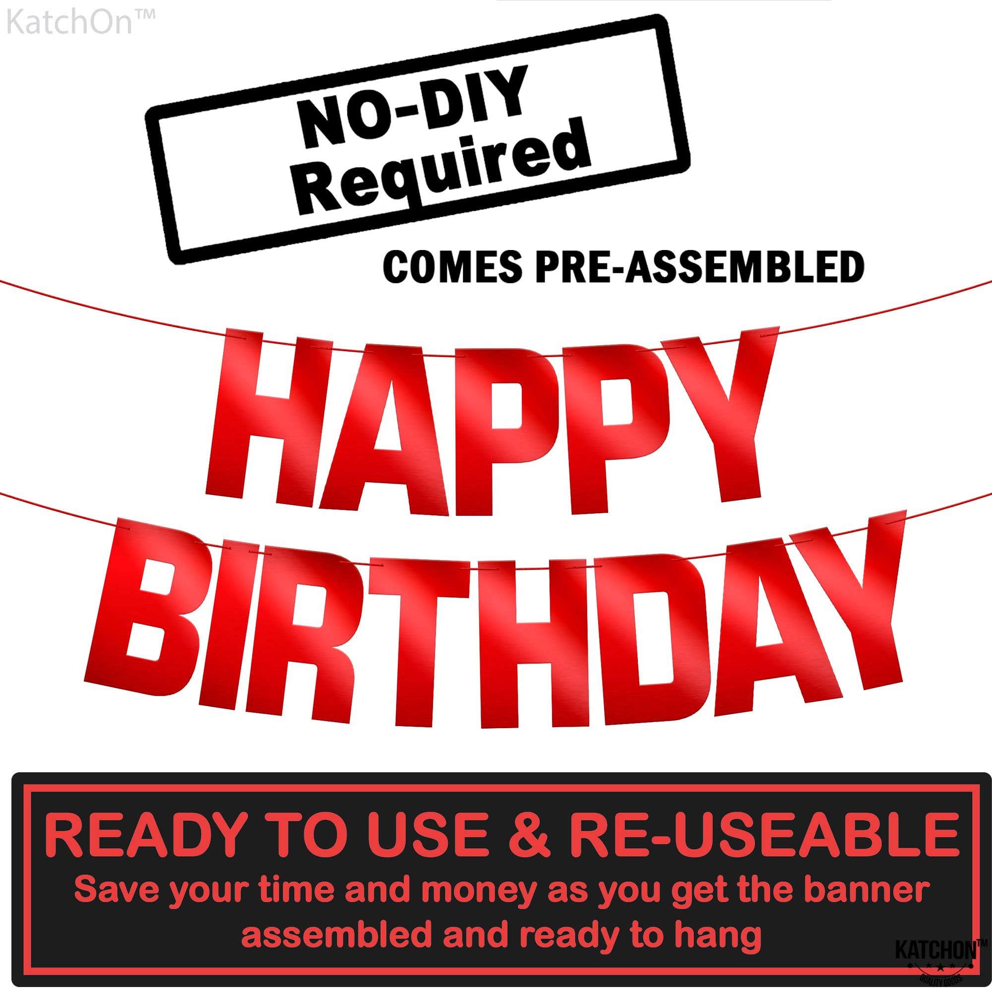 KatchOn Red Happy Birthday Banner – Pre-Strung 10ft Shiny Cardstock for Birthday Decor