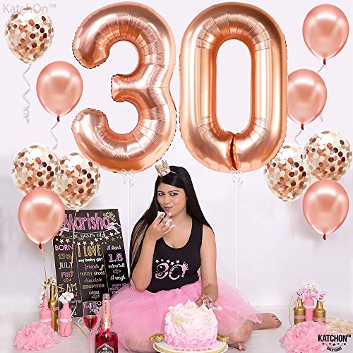 KatchOn Rose Gold 40-Inch Number 30 Balloon Set with Confetti & Banner for 30th Birthday or Anniversary