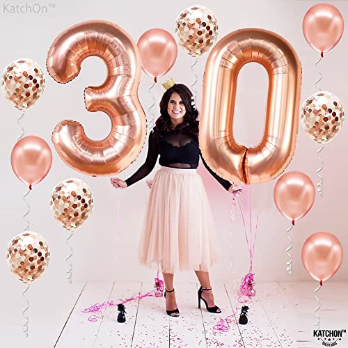 KatchOn Rose Gold 40-Inch Number 30 Balloon Set with Confetti & Banner for 30th Birthday or Anniversary