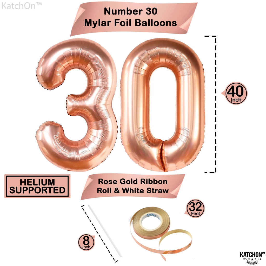 KatchOn Rose Gold 40-Inch Number 30 Balloon Set with Confetti & Banner for 30th Birthday or Anniversary