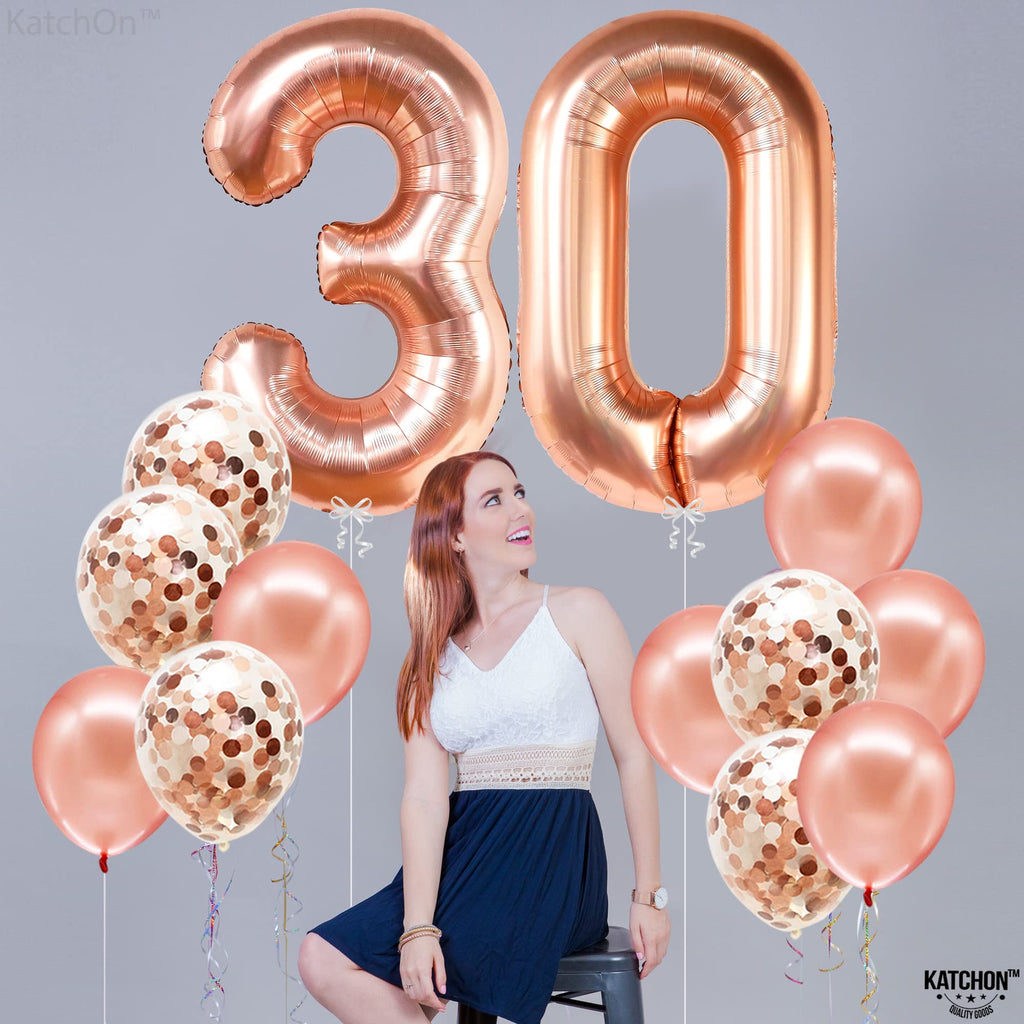 KatchOn Rose Gold 40-Inch Number 30 Balloon Set with Confetti & Banner for 30th Birthday or Anniversary