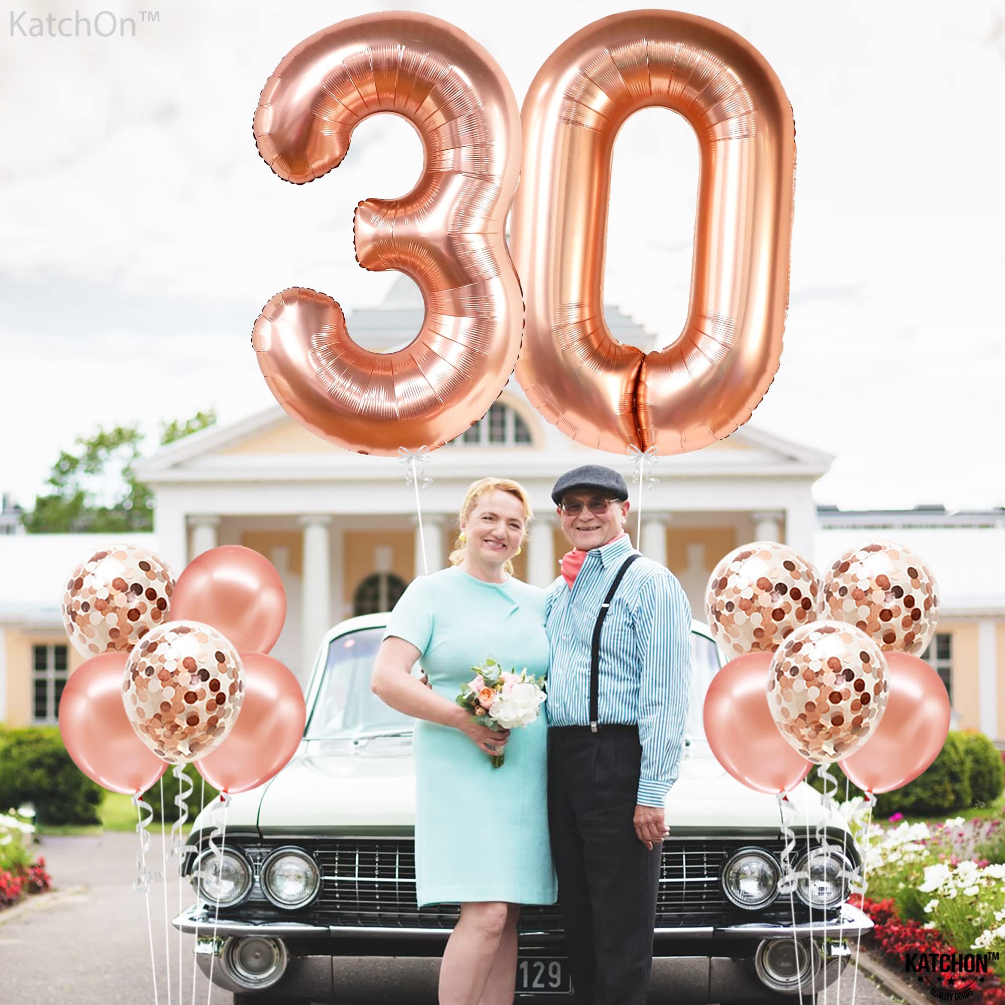 KatchOn Rose Gold 40-Inch Number 30 Balloon Set with Confetti & Banner for 30th Birthday or Anniversary