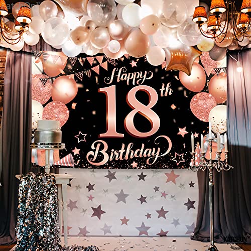 KatchOn Rose Gold Happy 18th Birthday Banner - 72x44 Inch Extra Large Sweet 18 Backdrop for Girls