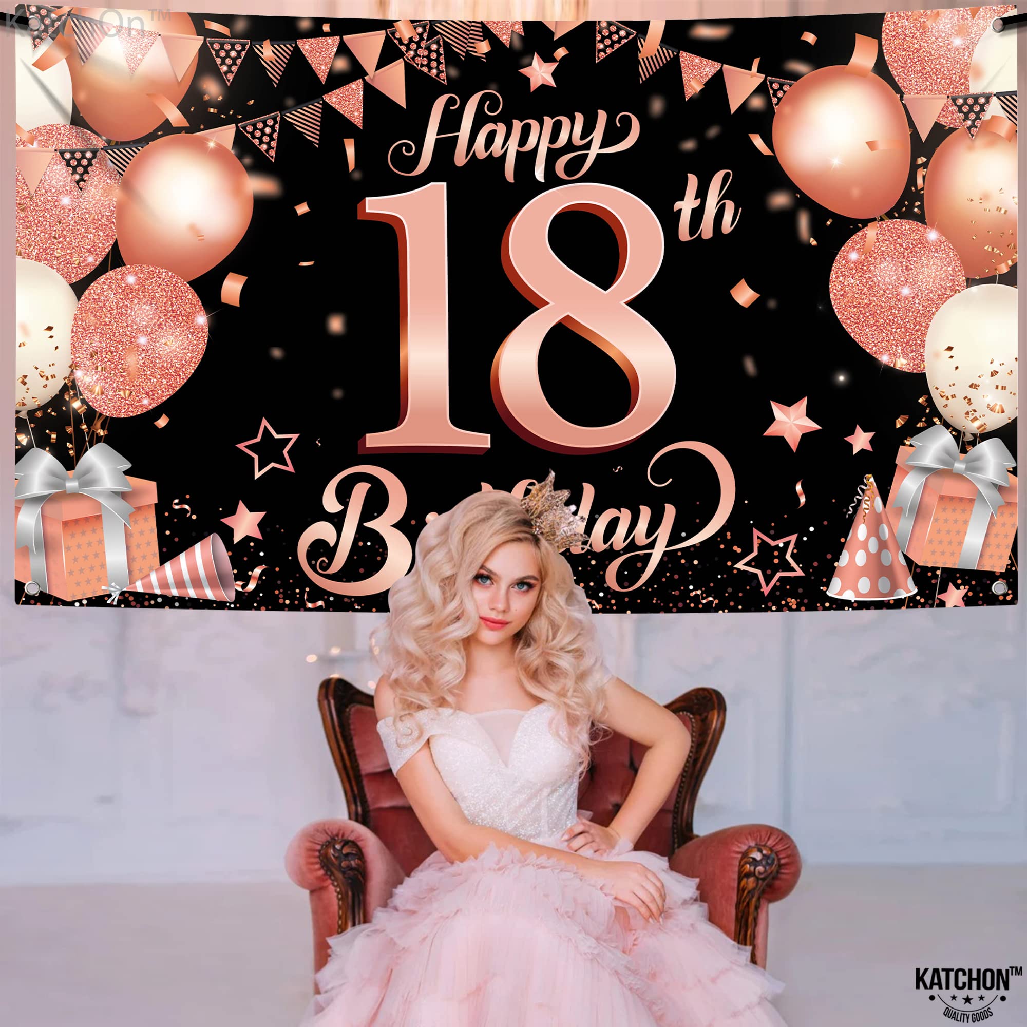 KatchOn Rose Gold Happy 18th Birthday Banner - 72x44 Inch Extra Large Sweet 18 Backdrop for Girls