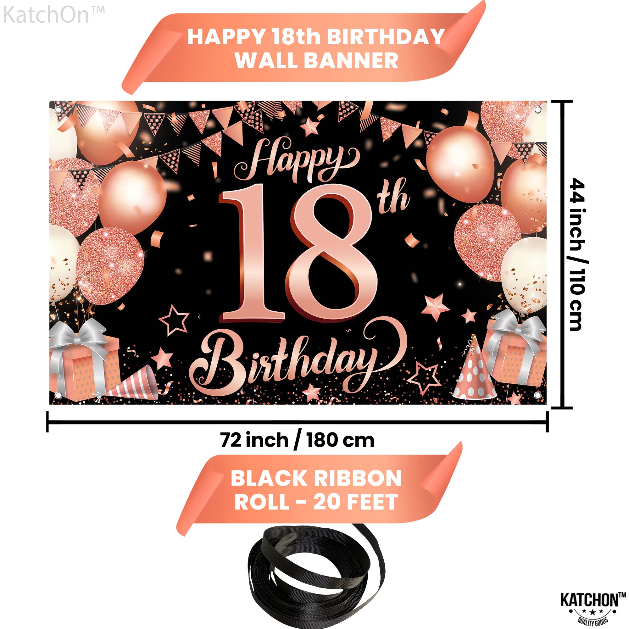 KatchOn Rose Gold Happy 18th Birthday Banner - 72x44 Inch Extra Large Sweet 18 Backdrop for Girls