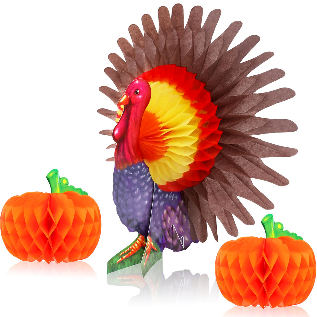 KatchOn Thanksgiving Centerpieces Pack of 3 – Turkey & Pumpkin Honeycomb Table Decorations