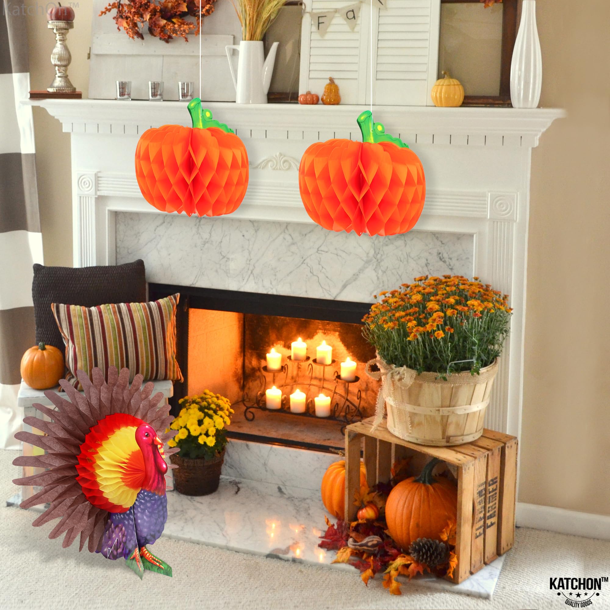 KatchOn Thanksgiving Centerpieces Pack of 3 – Turkey & Pumpkin Honeycomb Table Decorations