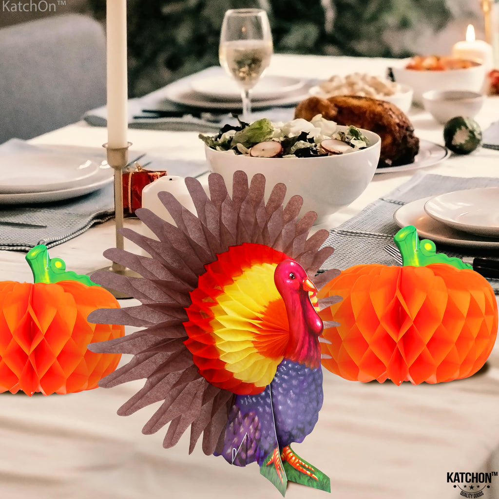 KatchOn Thanksgiving Centerpieces Pack of 3 – Turkey & Pumpkin Honeycomb Table Decorations