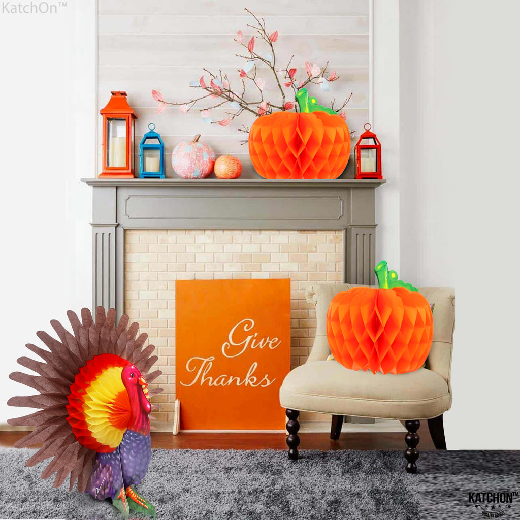 KatchOn Thanksgiving Centerpieces Pack of 3 – Turkey & Pumpkin Honeycomb Table Decorations