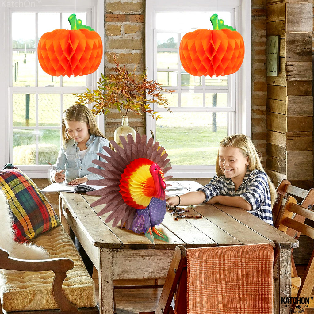 KatchOn Thanksgiving Centerpieces Pack of 3 – Turkey & Pumpkin Honeycomb Table Decorations