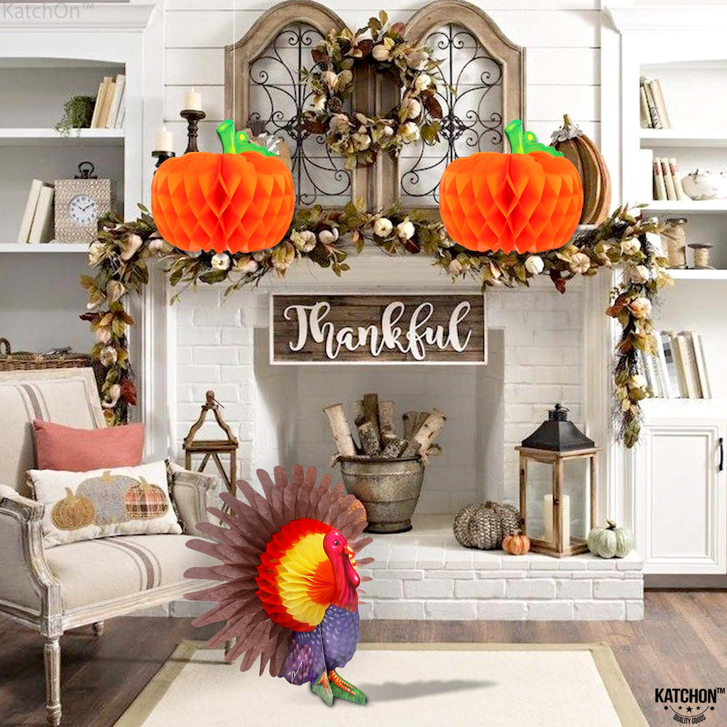 KatchOn Thanksgiving Centerpieces Pack of 3 – Turkey & Pumpkin Honeycomb Table Decorations
