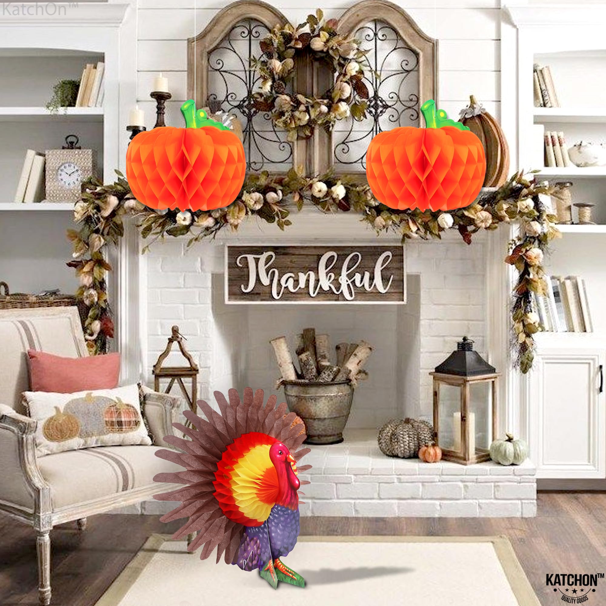 KatchOn Thanksgiving Centerpieces Pack of 3 – Turkey & Pumpkin Honeycomb Table Decorations