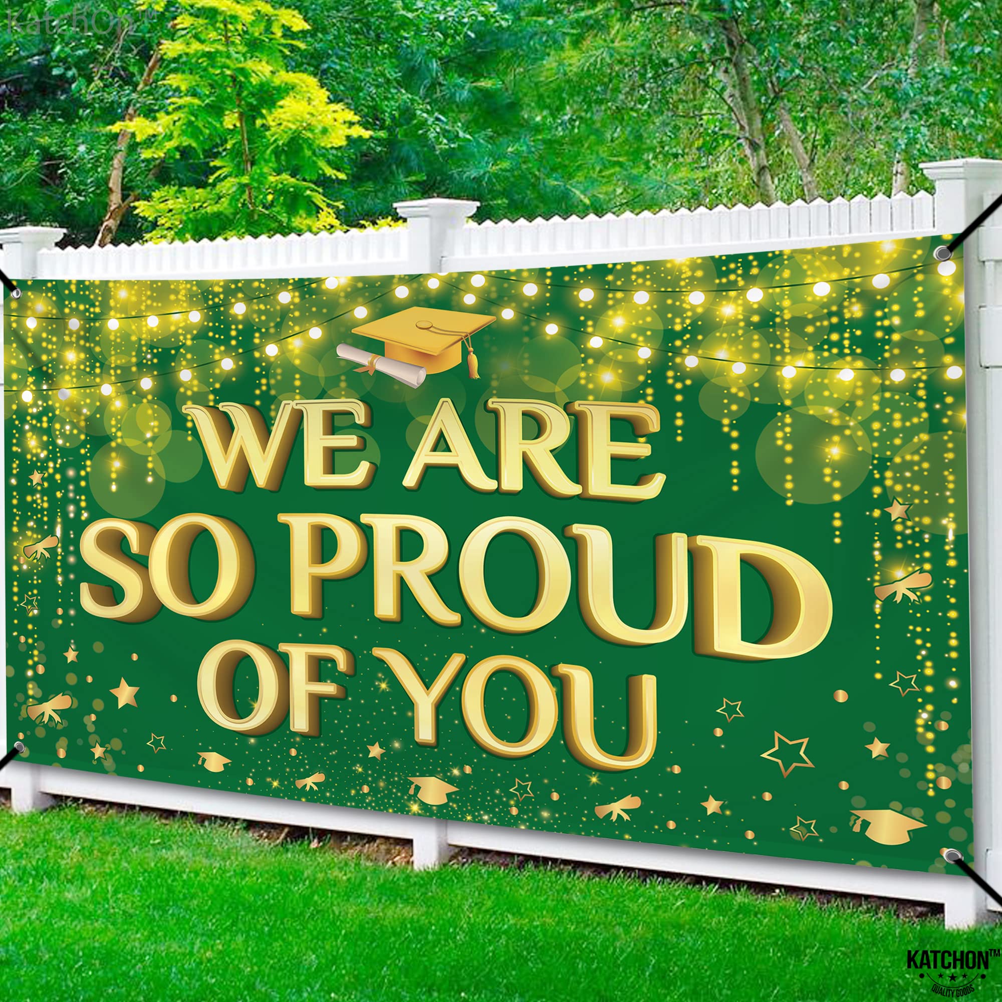 KatchOn We Are So Proud of You Banner – 72x44 Inch Green & Gold Graduation Backdrop for 2026 Party Decorations