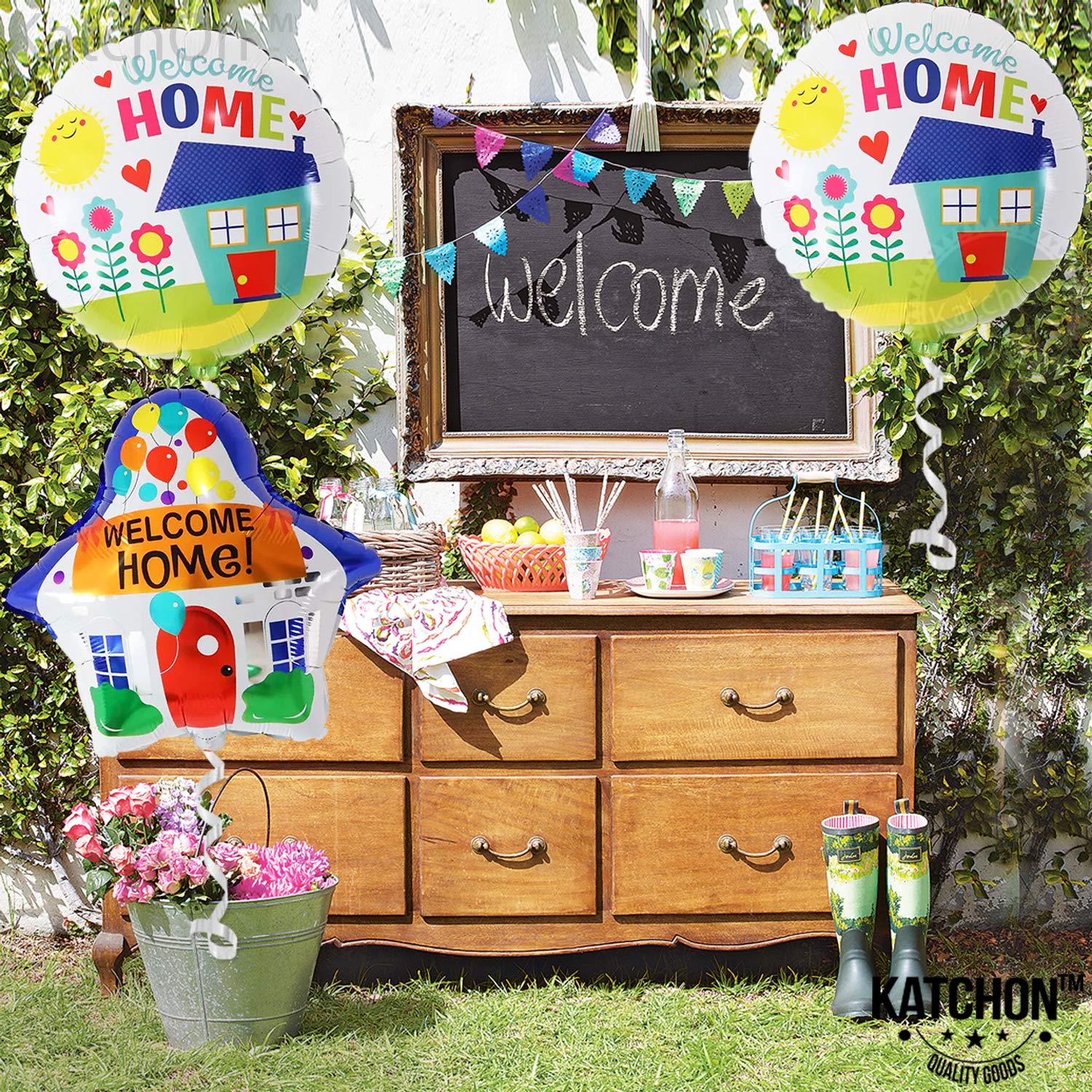 KatchOn Welcome Home Balloons Pack of 3 – House Shaped Foil Balloons in Blue White for Homecoming, Housewarming & Back to School Decor
