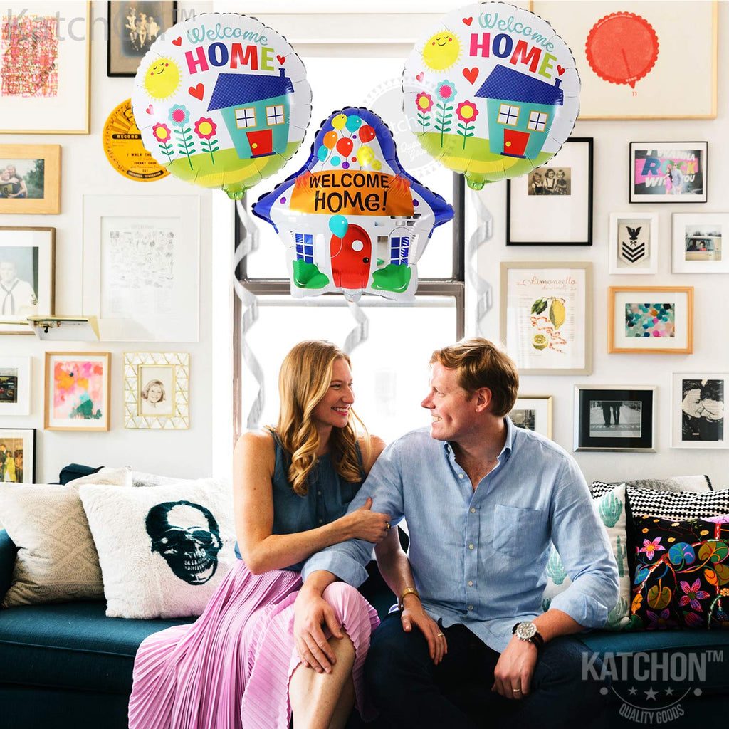 KatchOn Welcome Home Balloons Pack of 3 – House Shaped Foil Balloons in Blue White for Homecoming, Housewarming & Back to School Decor