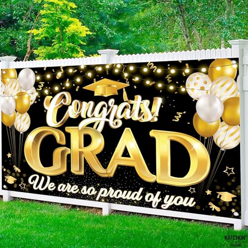 KatchOn Xtralarge Congrats Grad Banner 72x44 Inch - Black & Gold Graduation Decorations Class of 2026