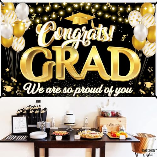 KatchOn Xtralarge Congrats Grad Banner 72x44 Inch - Black & Gold Graduation Decorations Class of 2026