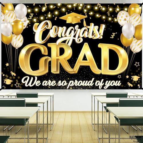 KatchOn Xtralarge Congrats Grad Banner 72x44 Inch - Black & Gold Graduation Decorations Class of 2026