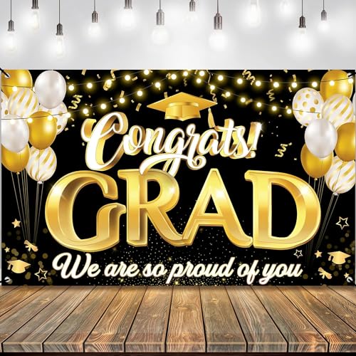 KatchOn Xtralarge Congrats Grad Banner 72x44 Inch - Black & Gold Graduation Decorations Class of 2026