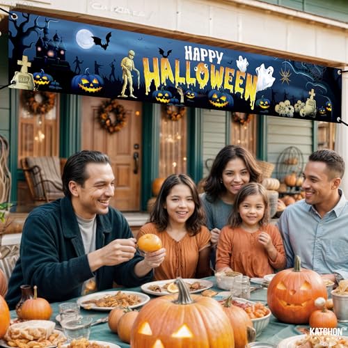 KatchOn XtraLarge Happy Halloween Banner – 120x20 Inch Blue Yard Decoration