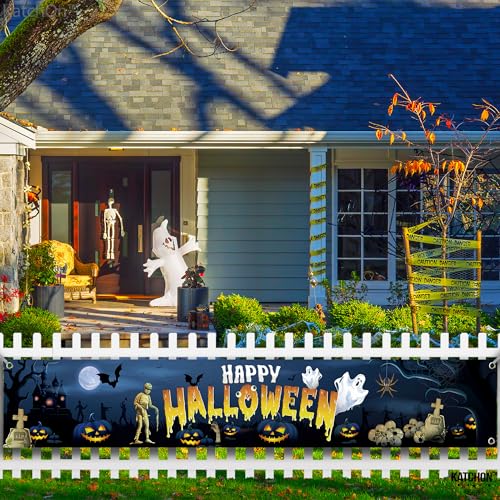 KatchOn XtraLarge Happy Halloween Banner – 120x20 Inch Blue Yard Decoration