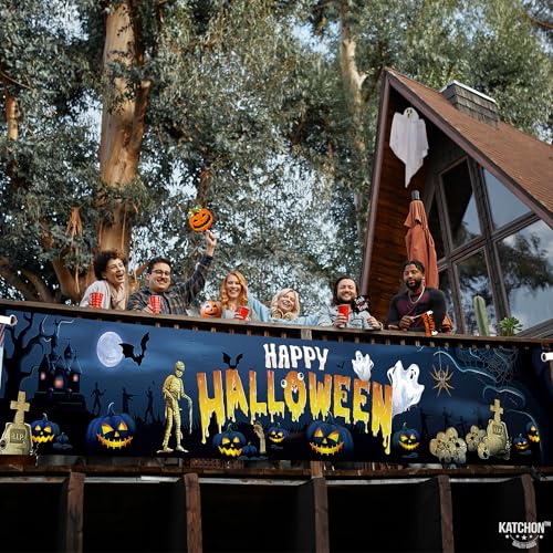 KatchOn XtraLarge Happy Halloween Banner – 120x20 Inch Blue Yard Decoration