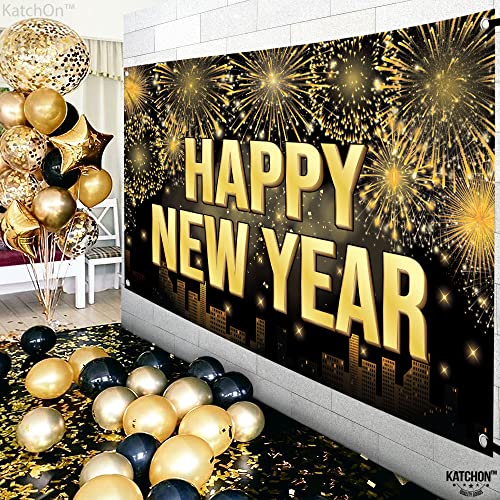 KatchOn XtraLarge Happy New Year Banner 2026 – 72x44 Inch Black and Gold NYE Backdrop