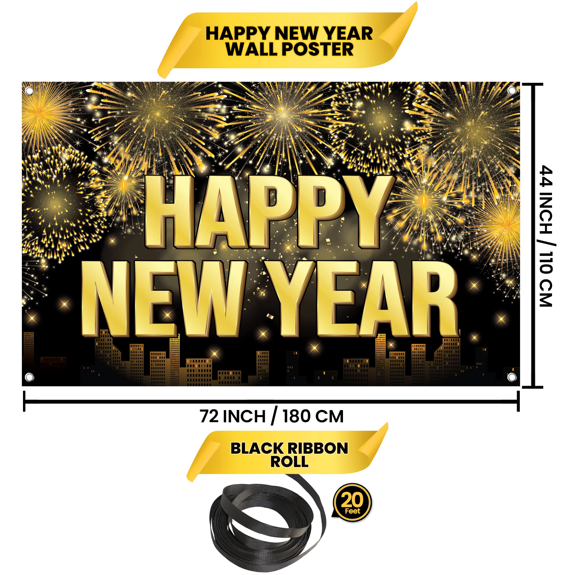 KatchOn XtraLarge Happy New Year Banner 2026 – 72x44 Inch Black and Gold NYE Backdrop