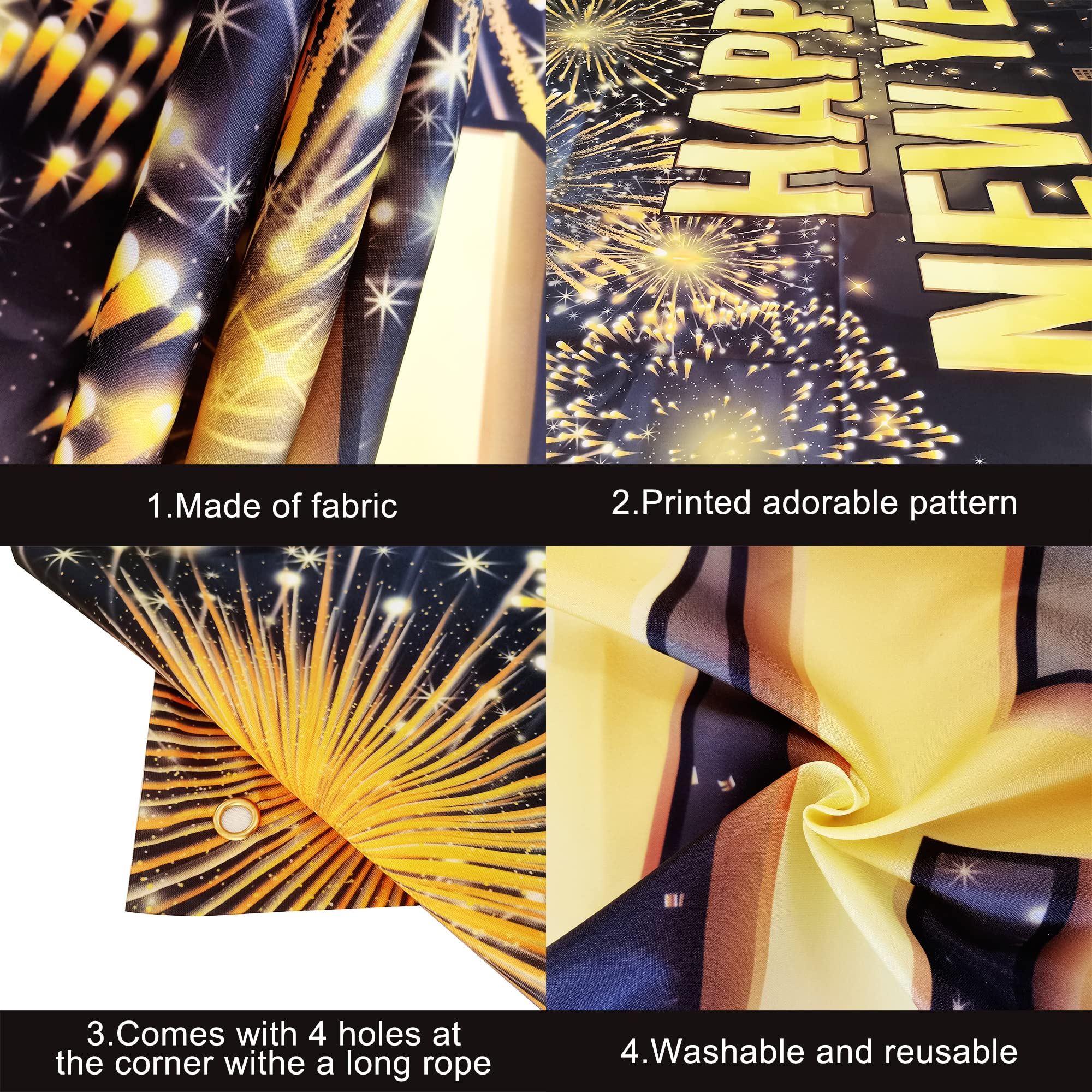 KatchOn XtraLarge Happy New Year Banner 2026 – 72x44 Inch Black and Gold NYE Backdrop