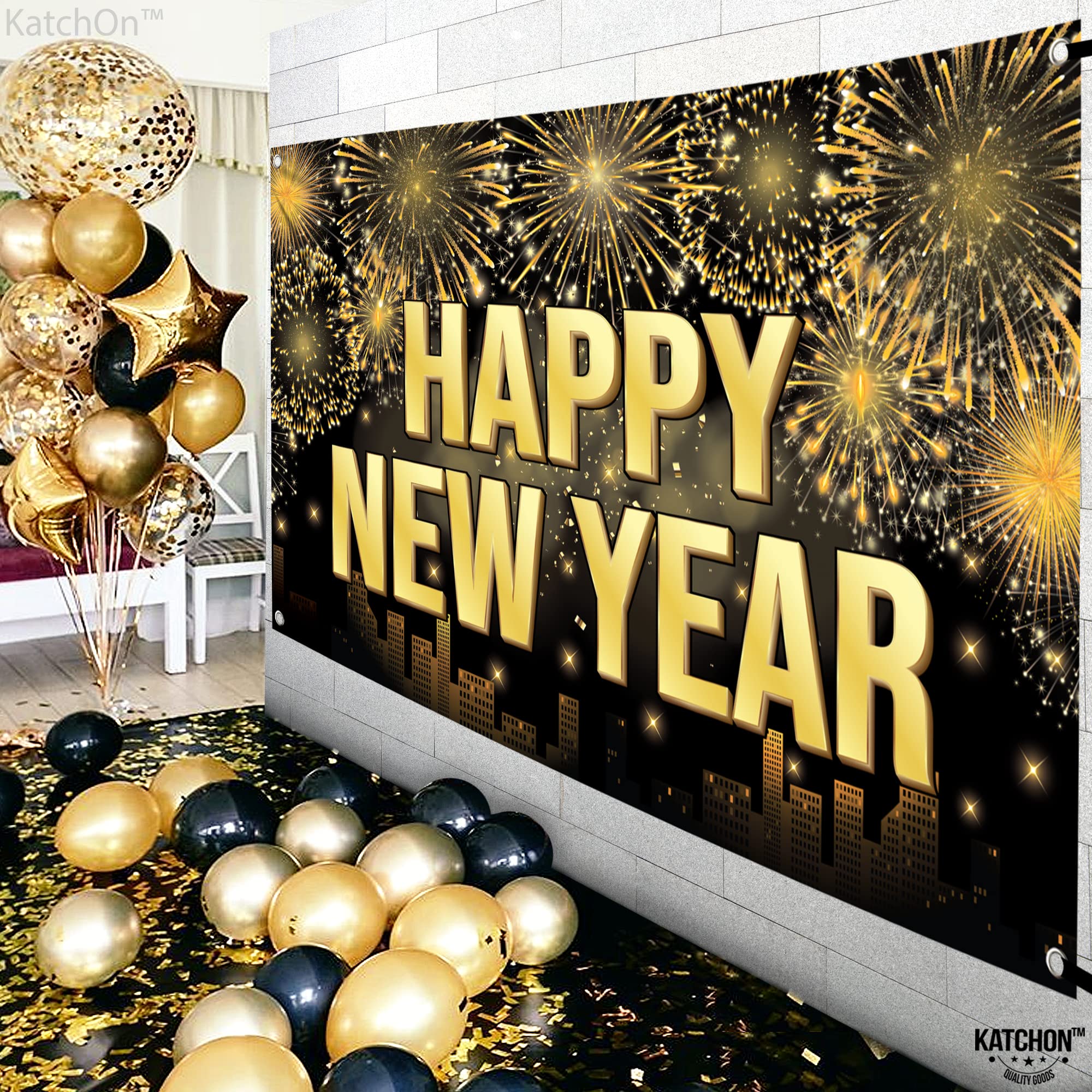 KatchOn XtraLarge Happy New Year Banner 2026 – 72x44 Inch Black and Gold NYE Backdrop