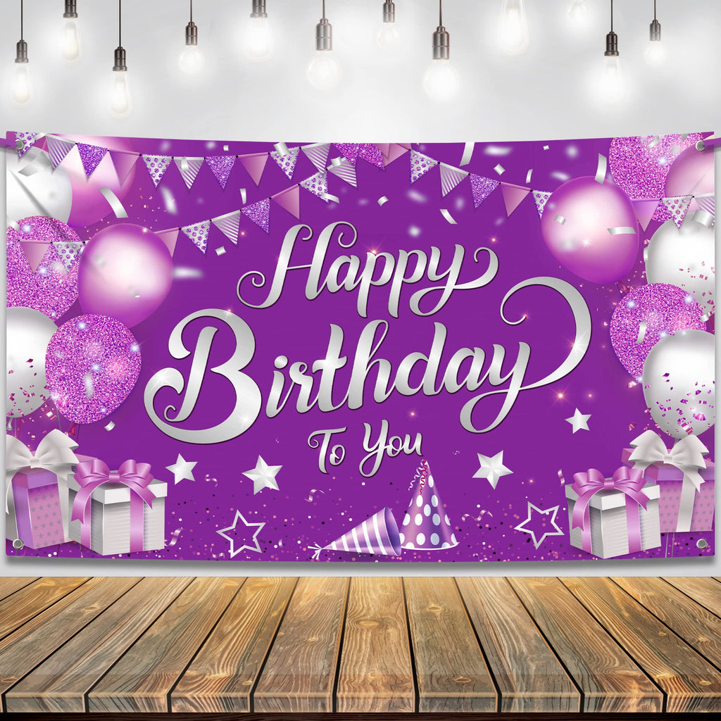 KatchOn XtraLarge Purple Happy Birthday Banner - 72x44 Inch Cloth Backdrop for Birthday Decorations, Reusable Party Banner with Silver & Rose Gold Accents