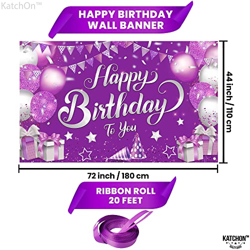 KatchOn XtraLarge Purple Happy Birthday Banner - 72x44 Inch Cloth Backdrop for Birthday Decorations, Reusable Party Banner with Silver & Rose Gold Accents