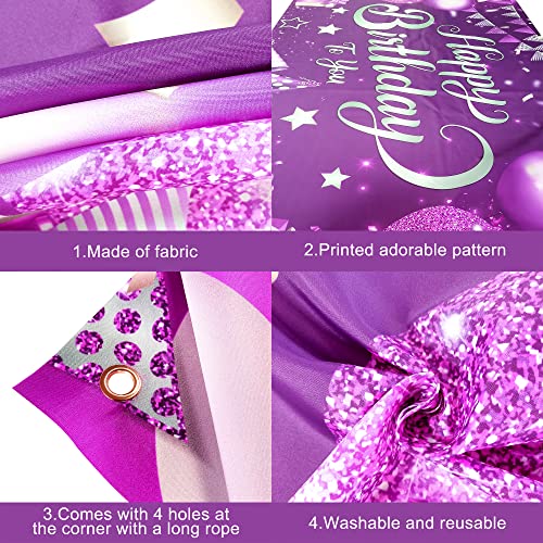 KatchOn XtraLarge Purple Happy Birthday Banner - 72x44 Inch Cloth Backdrop for Birthday Decorations, Reusable Party Banner with Silver & Rose Gold Accents