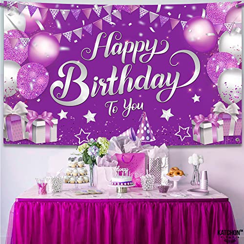 KatchOn XtraLarge Purple Happy Birthday Banner - 72x44 Inch Cloth Backdrop for Birthday Decorations, Reusable Party Banner with Silver & Rose Gold Accents