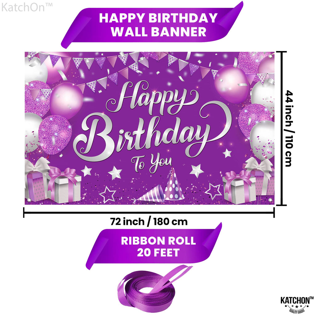 KatchOn XtraLarge Purple Happy Birthday Banner - 72x44 Inch Cloth Backdrop for Birthday Decorations, Reusable Party Banner with Silver & Rose Gold Accents