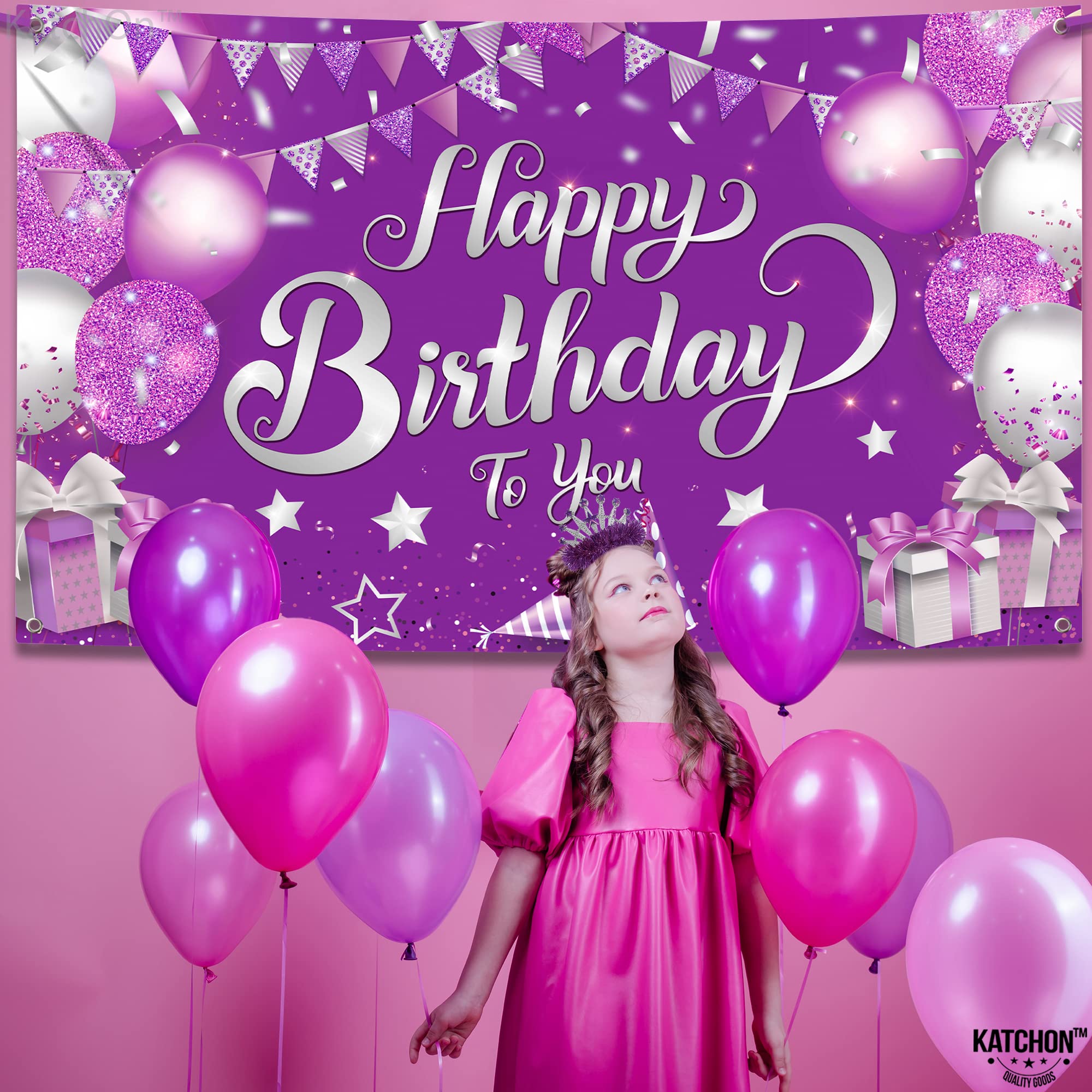 KatchOn XtraLarge Purple Happy Birthday Banner - 72x44 Inch Cloth Backdrop for Birthday Decorations, Reusable Party Banner with Silver & Rose Gold Accents