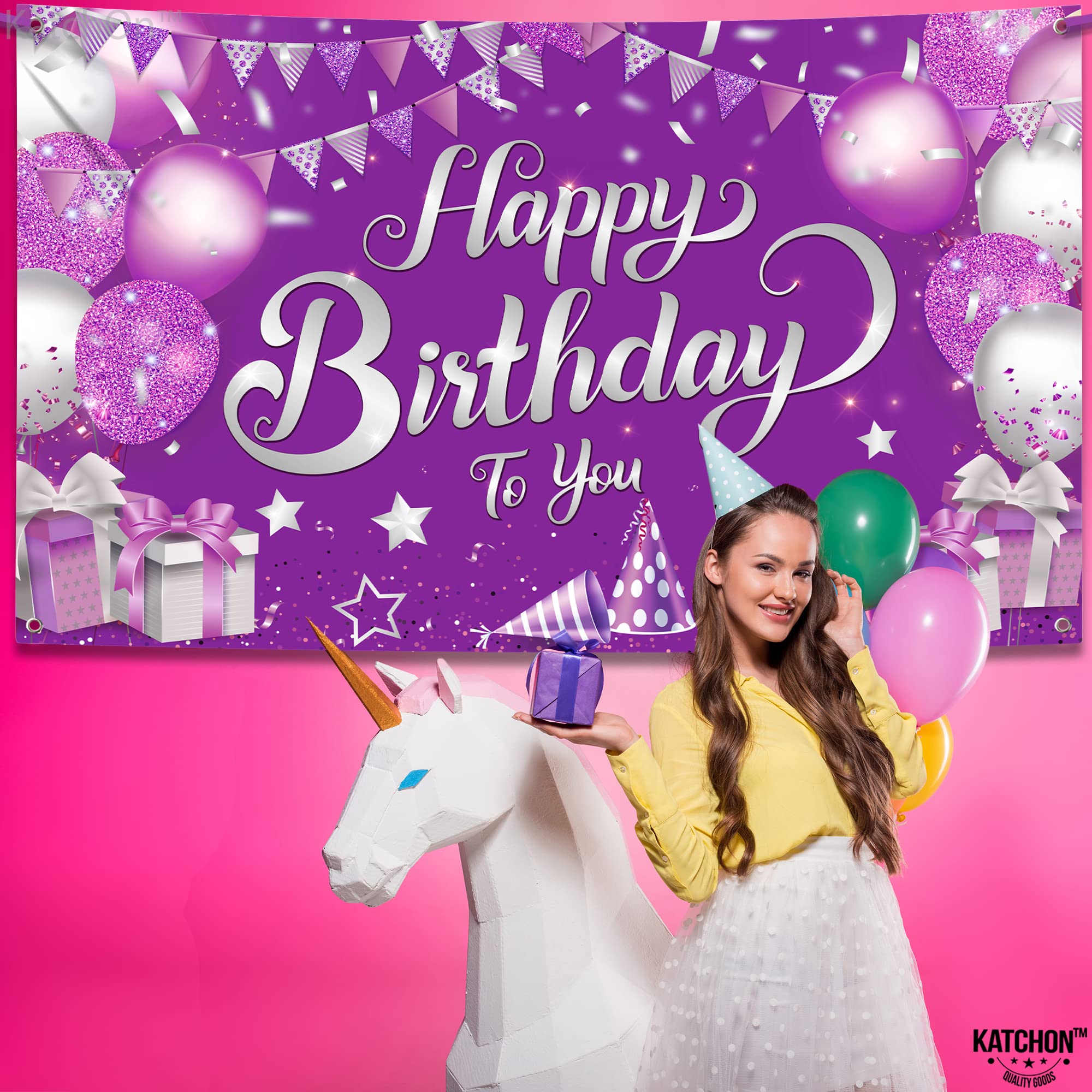 KatchOn XtraLarge Purple Happy Birthday Banner - 72x44 Inch Cloth Backdrop for Birthday Decorations, Reusable Party Banner with Silver & Rose Gold Accents