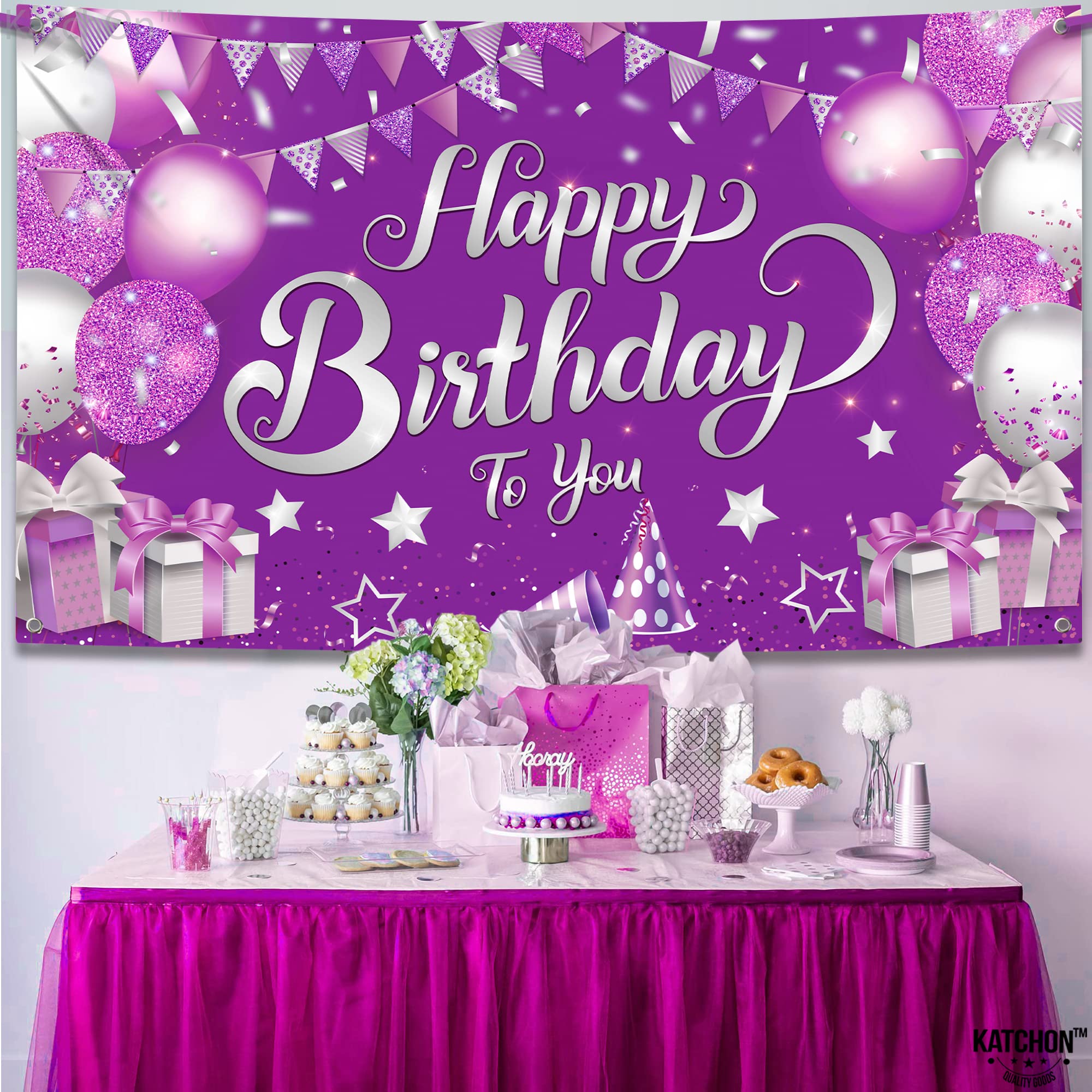 KatchOn XtraLarge Purple Happy Birthday Banner - 72x44 Inch Cloth Backdrop for Birthday Decorations, Reusable Party Banner with Silver & Rose Gold Accents