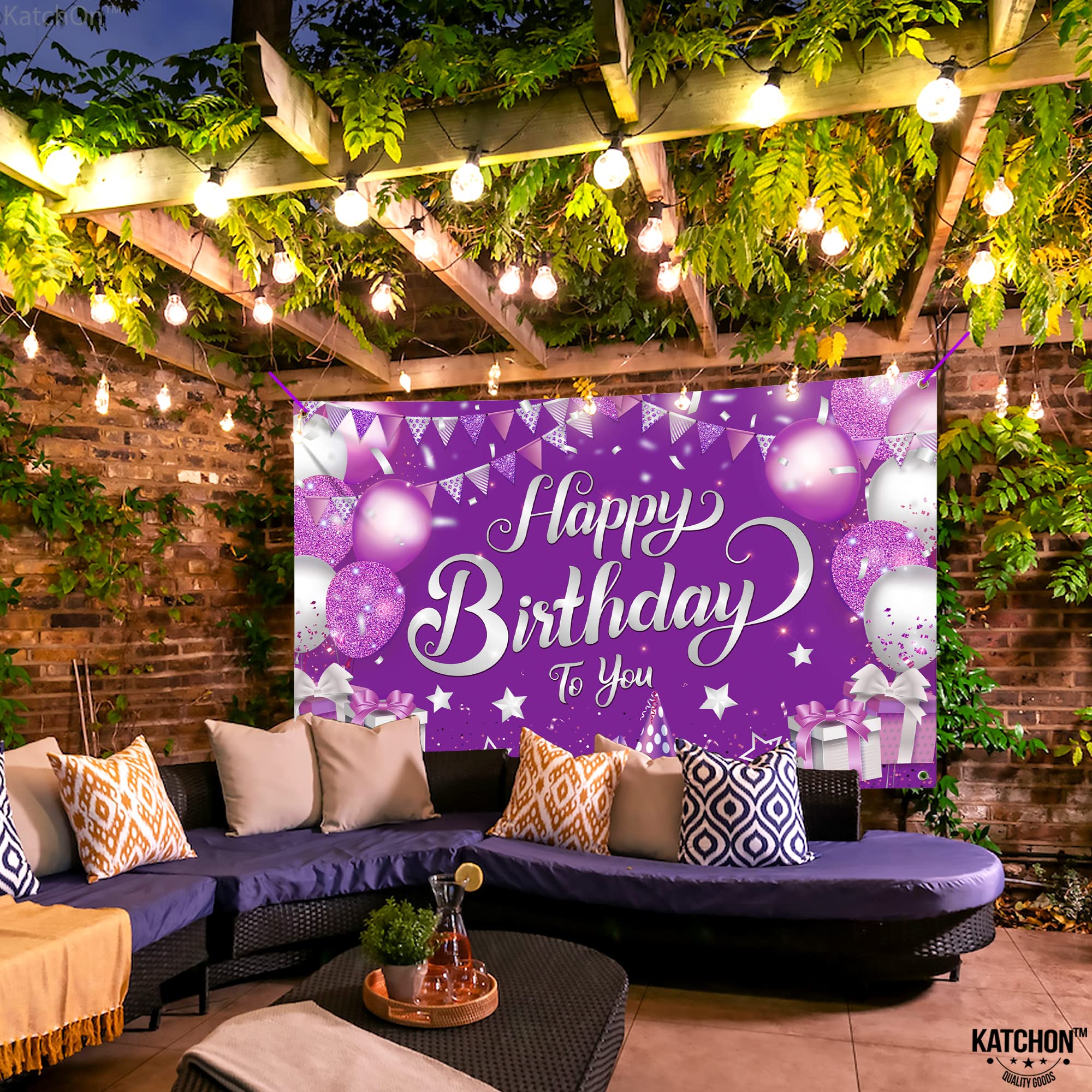 KatchOn XtraLarge Purple Happy Birthday Banner - 72x44 Inch Cloth Backdrop for Birthday Decorations, Reusable Party Banner with Silver & Rose Gold Accents