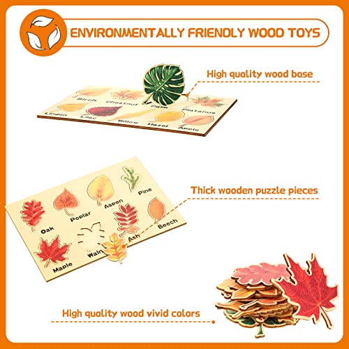 Kathfly 2-Piece Wooden Leaf Jigsaw Puzzle Set - 16 Colorful Leaves Montessori Educational Toy
