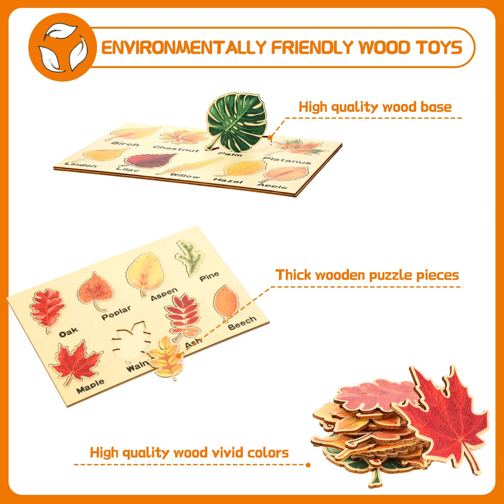 Kathfly 2-Piece Wooden Leaf Jigsaw Puzzle Set - 16 Colorful Leaves Montessori Educational Toy